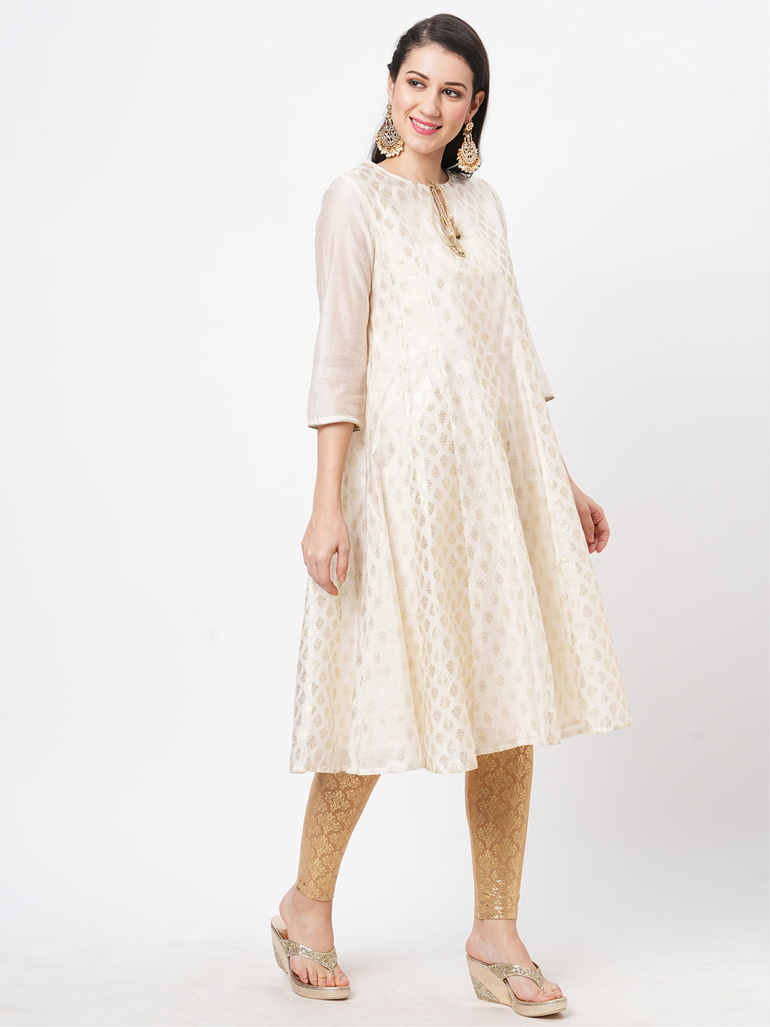  Opulent Offwhite Chanderi Anarkali Kurta With Two Prints In Gold And Complimenting Gold Chord At The Neck