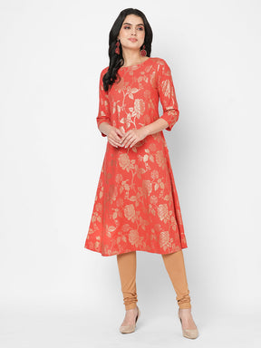 Fit And Flare Festive Coral Kurta With Gold All Over Print