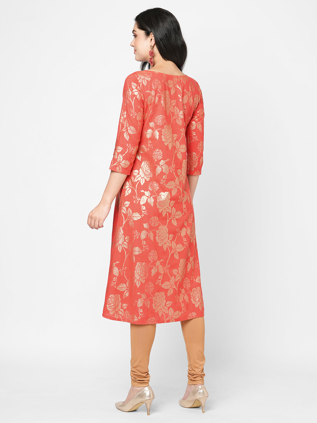 Fit And Flare Festive Coral Kurta With Gold All Over Print