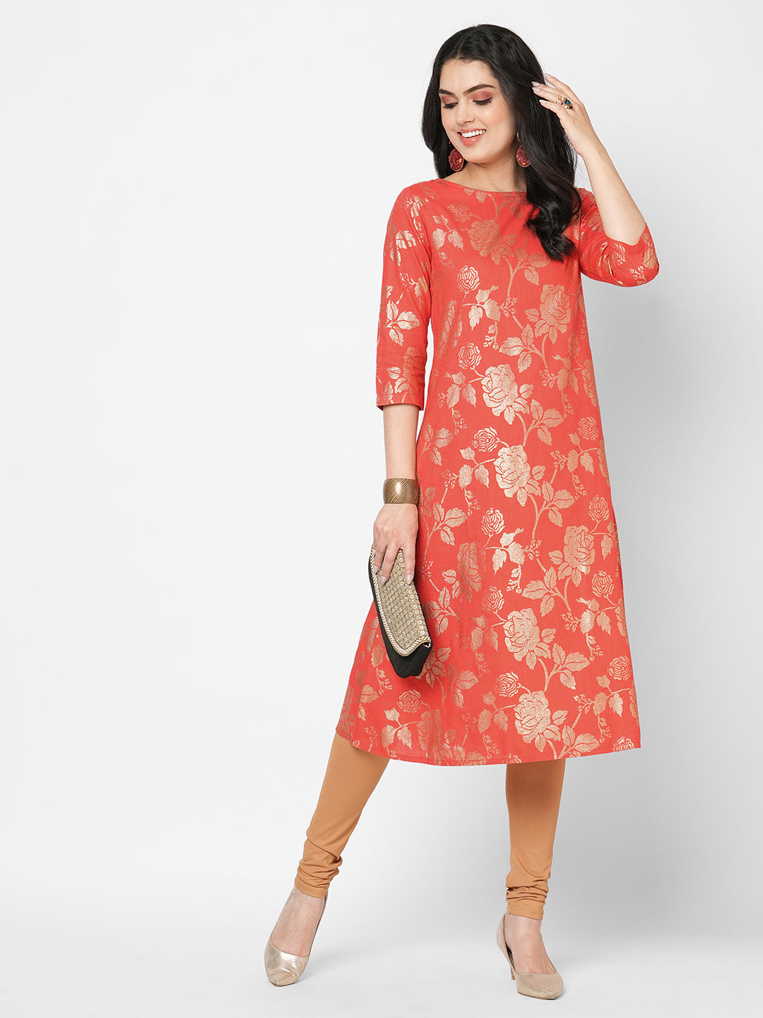 Fit And Flare Festive Coral Kurta With Gold All Over Print