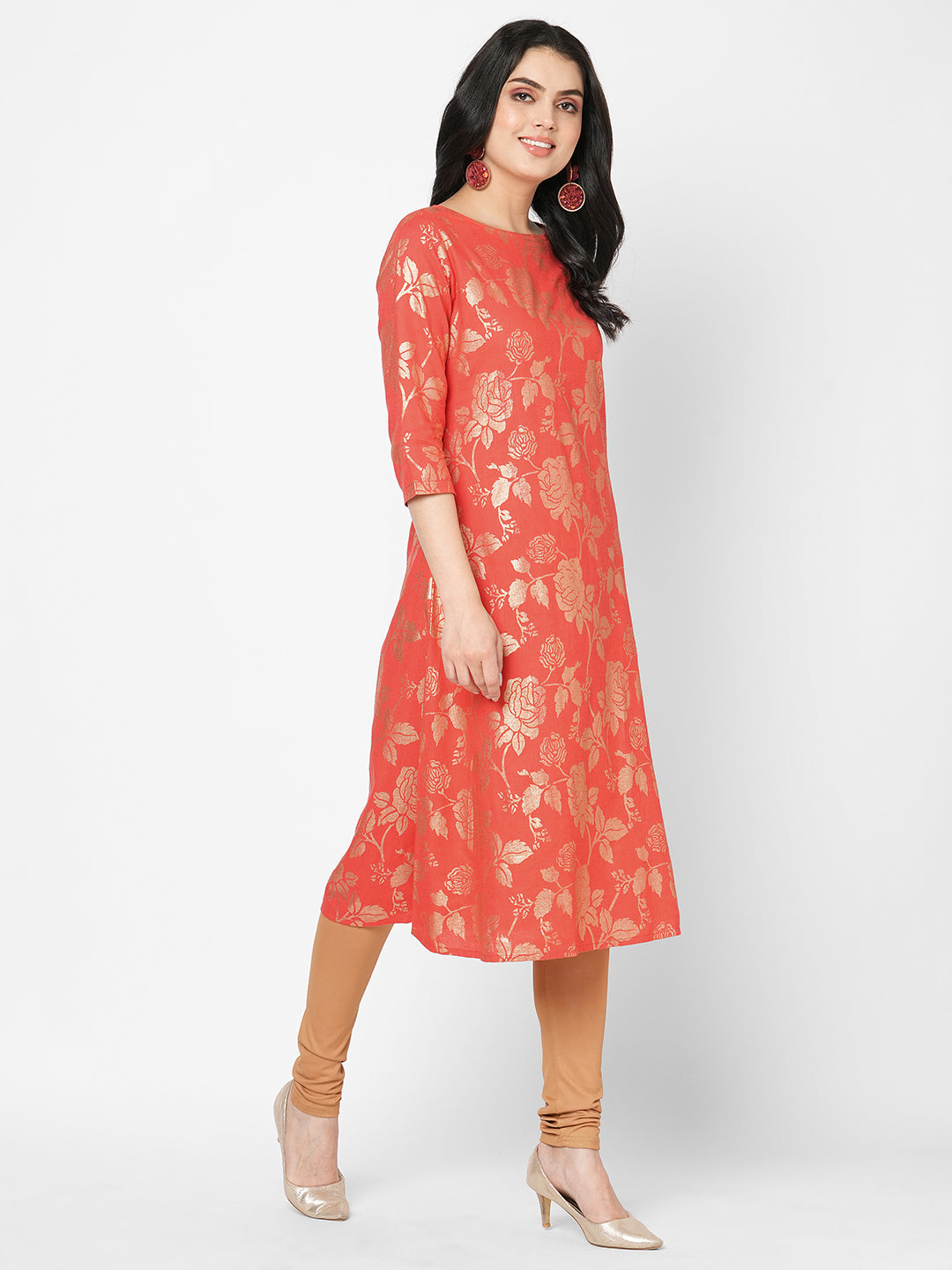 Fit And Flare Festive Coral Kurta With Gold All Over Print