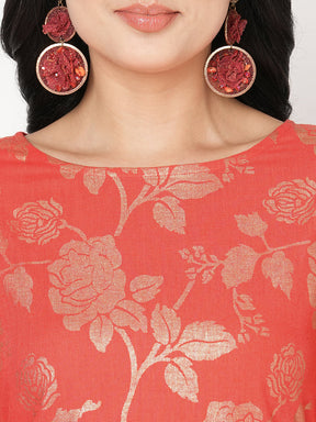 Fit And Flare Festive Coral Kurta With Gold All Over Print