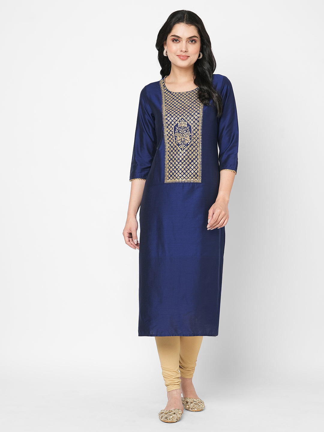 Beautiful Midnight Blue Straight Fit Kurta With Embroidered Long Yoke