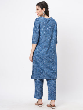 Denim Blue Cotton Blend Kalamkari Twill Weave Print Kurta Set