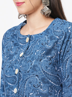 Denim Blue Cotton Blend Kalamkari Twill Weave Print Kurta Set