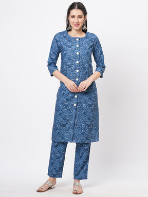 Denim Blue Cotton Blend Kalamkari Twill Weave Print Kurta Set