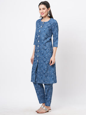 Denim Blue Cotton Blend Kalamkari Twill Weave Print Kurta Set