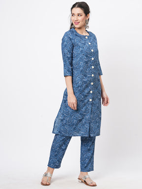 Denim Blue Cotton Blend Kalamkari Twill Weave Print Kurta Set