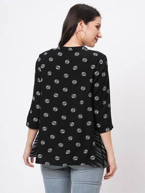 Featuring A Multi Print Short Tunic In Black Polka Print In Flat Band Collar