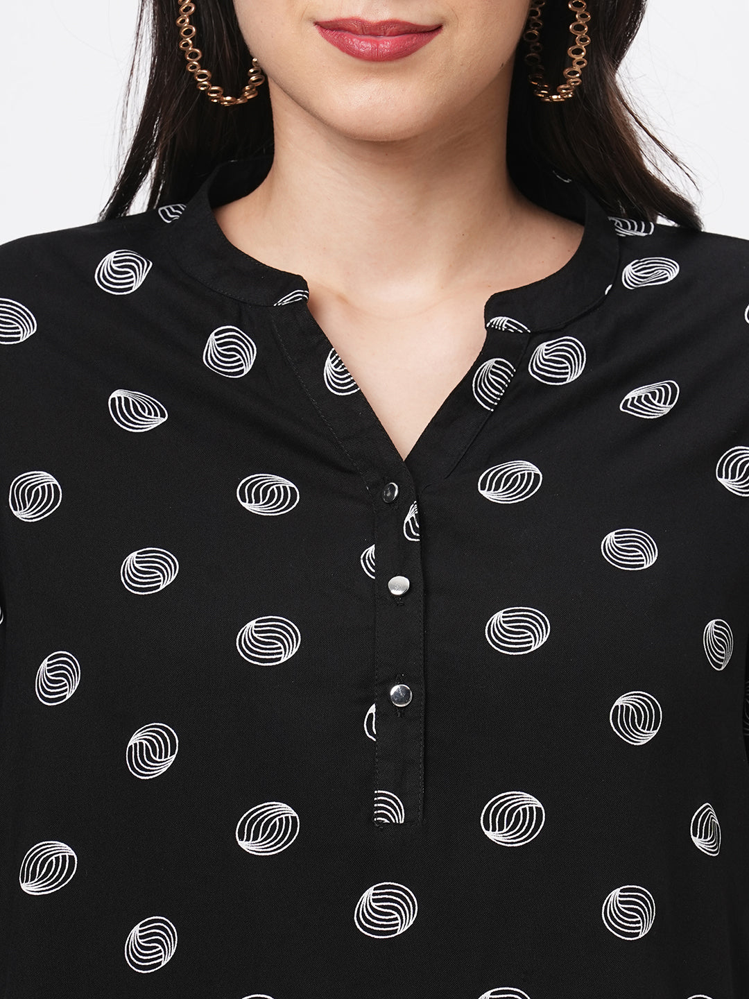 Featuring A Multi Print Short Tunic In Black Polka Print In Flat Band Collar