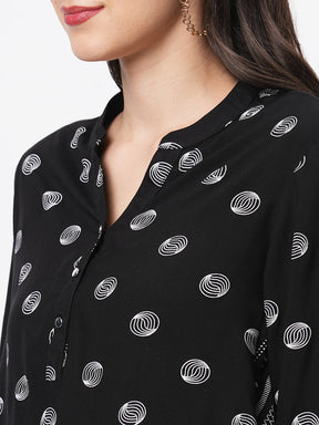 Featuring A Multi Print Short Tunic In Black Polka Print In Flat Band Collar