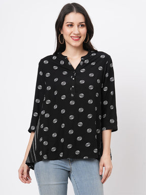 Featuring A Multi Print Short Tunic In Black Polka Print In Flat Band Collar