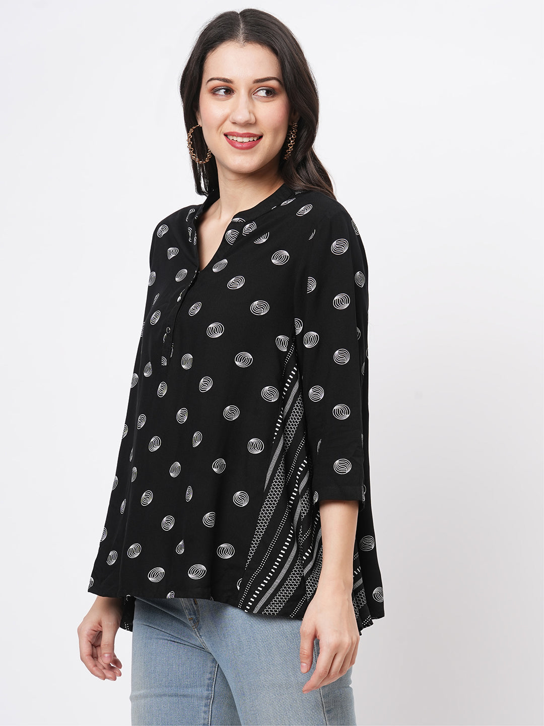 Featuring A Multi Print Short Tunic In Black Polka Print In Flat Band Collar