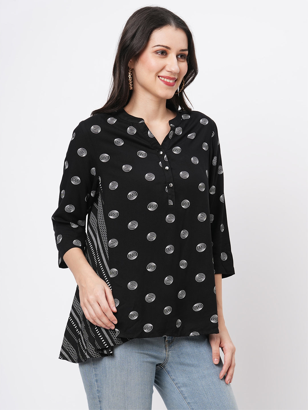 Featuring A Multi Print Short Tunic In Black Polka Print In Flat Band Collar