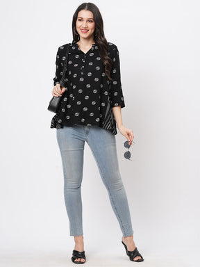 Featuring A Multi Print Short Tunic In Black Polka Print In Flat Band Collar