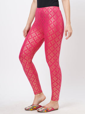  Spell Binding Gold Foil Printed Cotton Lycra Fuschia Legging Handcrafted For You.