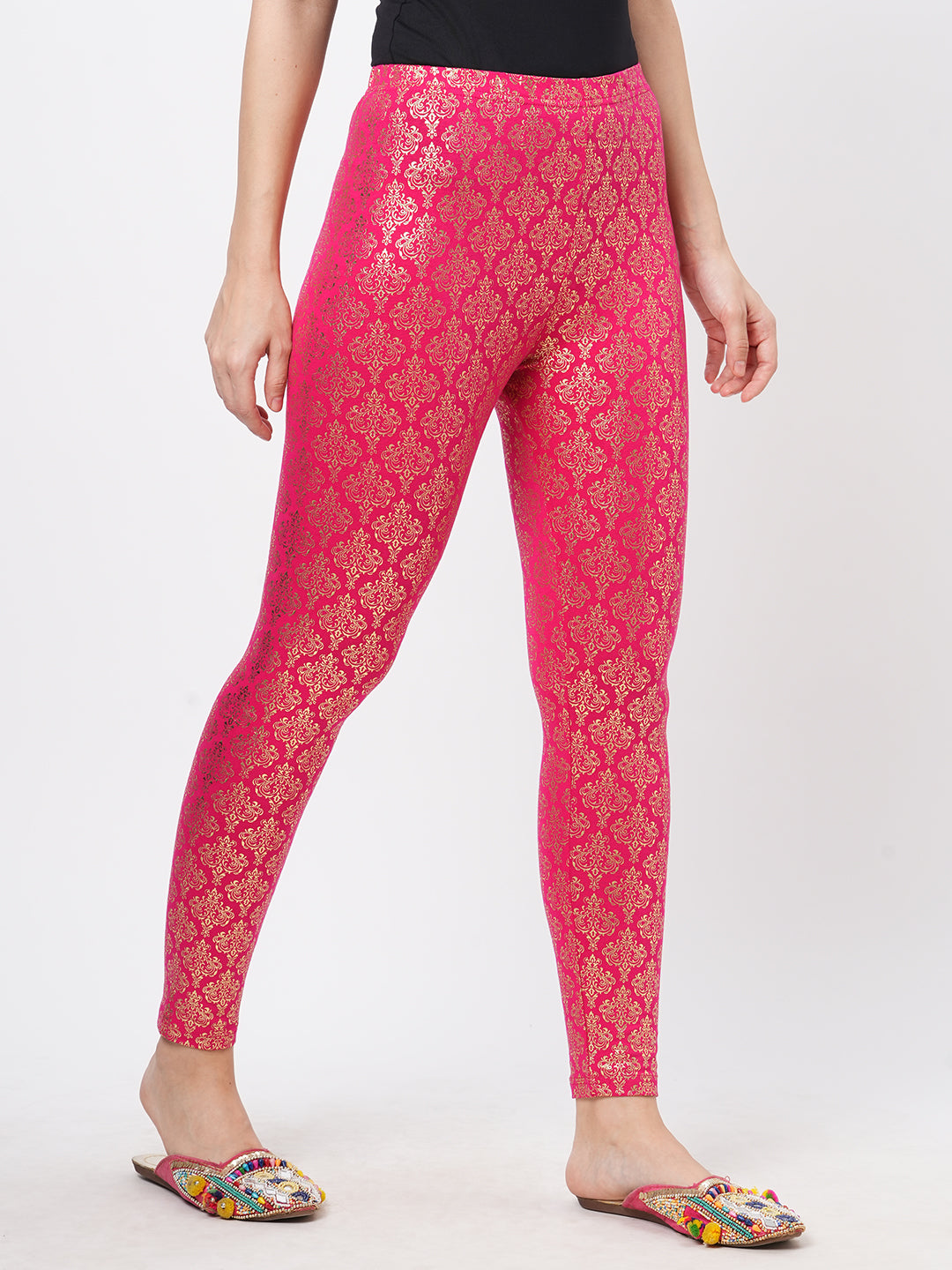  Spell Binding Gold Foil Printed Cotton Lycra Fuschia Legging Handcrafted For You.