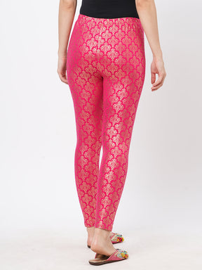  Spell Binding Gold Foil Printed Cotton Lycra Fuschia Legging Handcrafted For You.