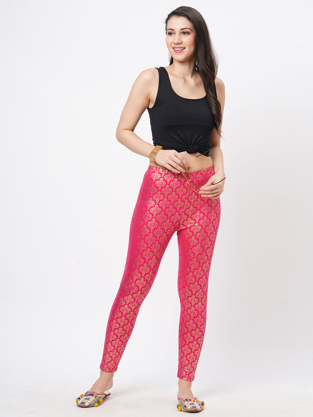  Spell Binding Gold Foil Printed Cotton Lycra Fuschia Legging Handcrafted For You.