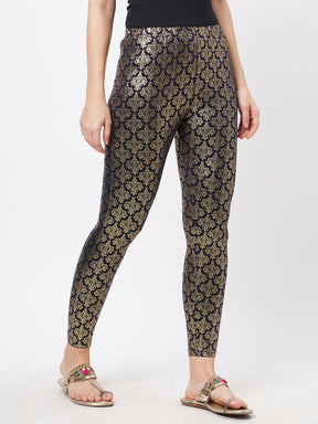  Spell Binding Gold Foil Printed Cotton Lycra Navy Legging Handcrafted For You.