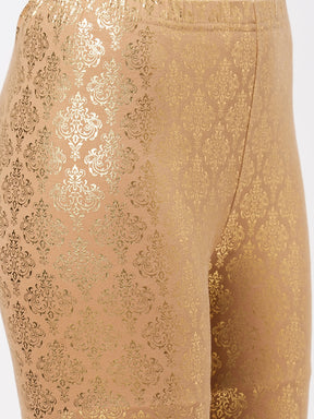  Spell Binding Gold Foil Printed Cotton Lycra Beige Legging Handcrafted For You.