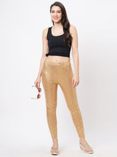  Spell Binding Gold Foil Printed Cotton Lycra Beige Legging Handcrafted For You.