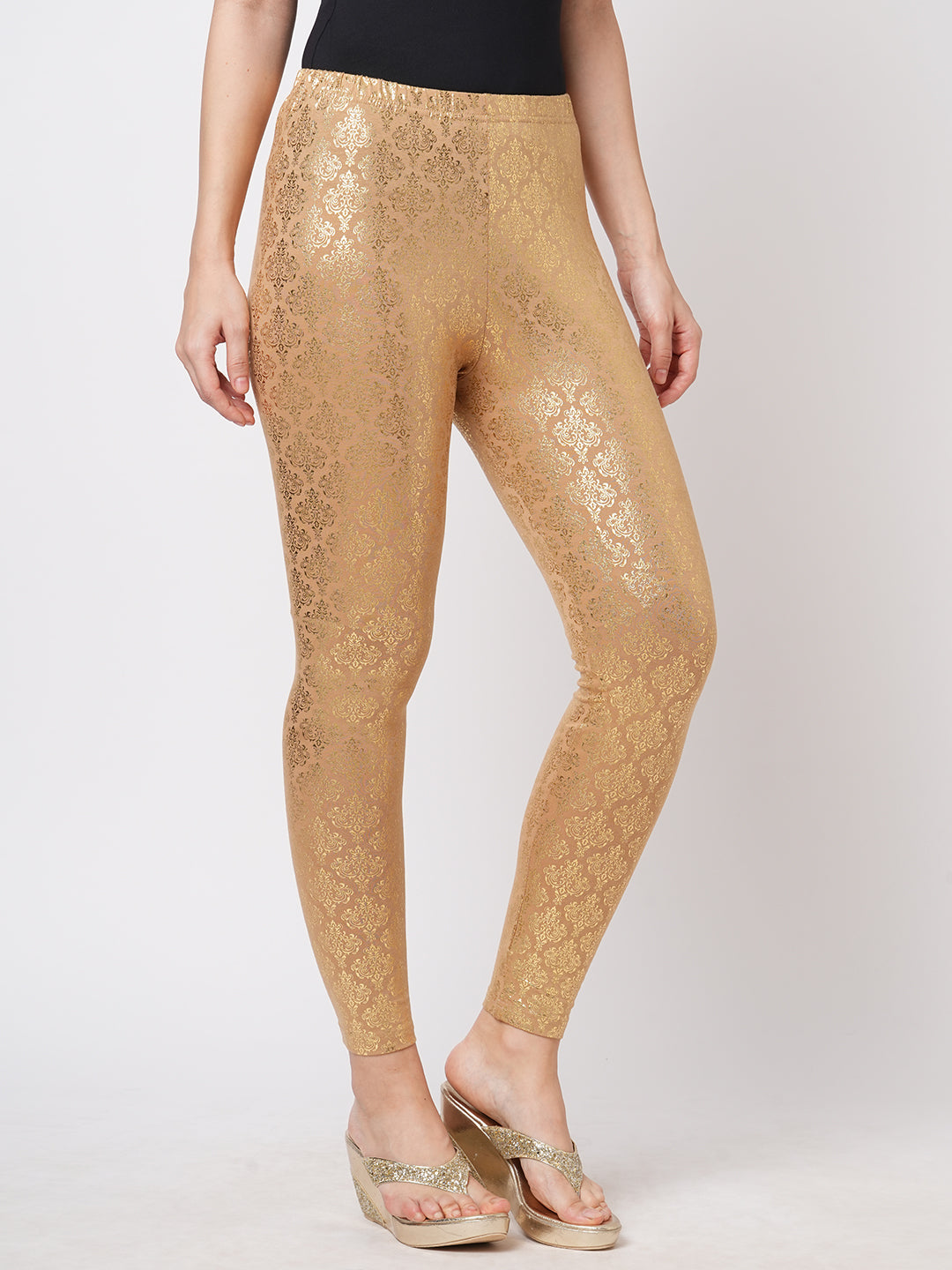  Spell Binding Gold Foil Printed Cotton Lycra Beige Legging Handcrafted For You.