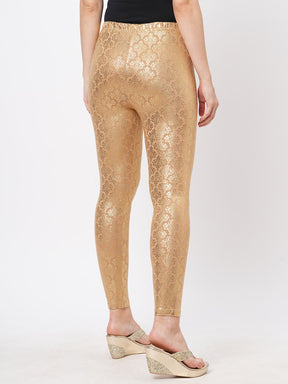  Spell Binding Gold Foil Printed Cotton Lycra Beige Legging Handcrafted For You.