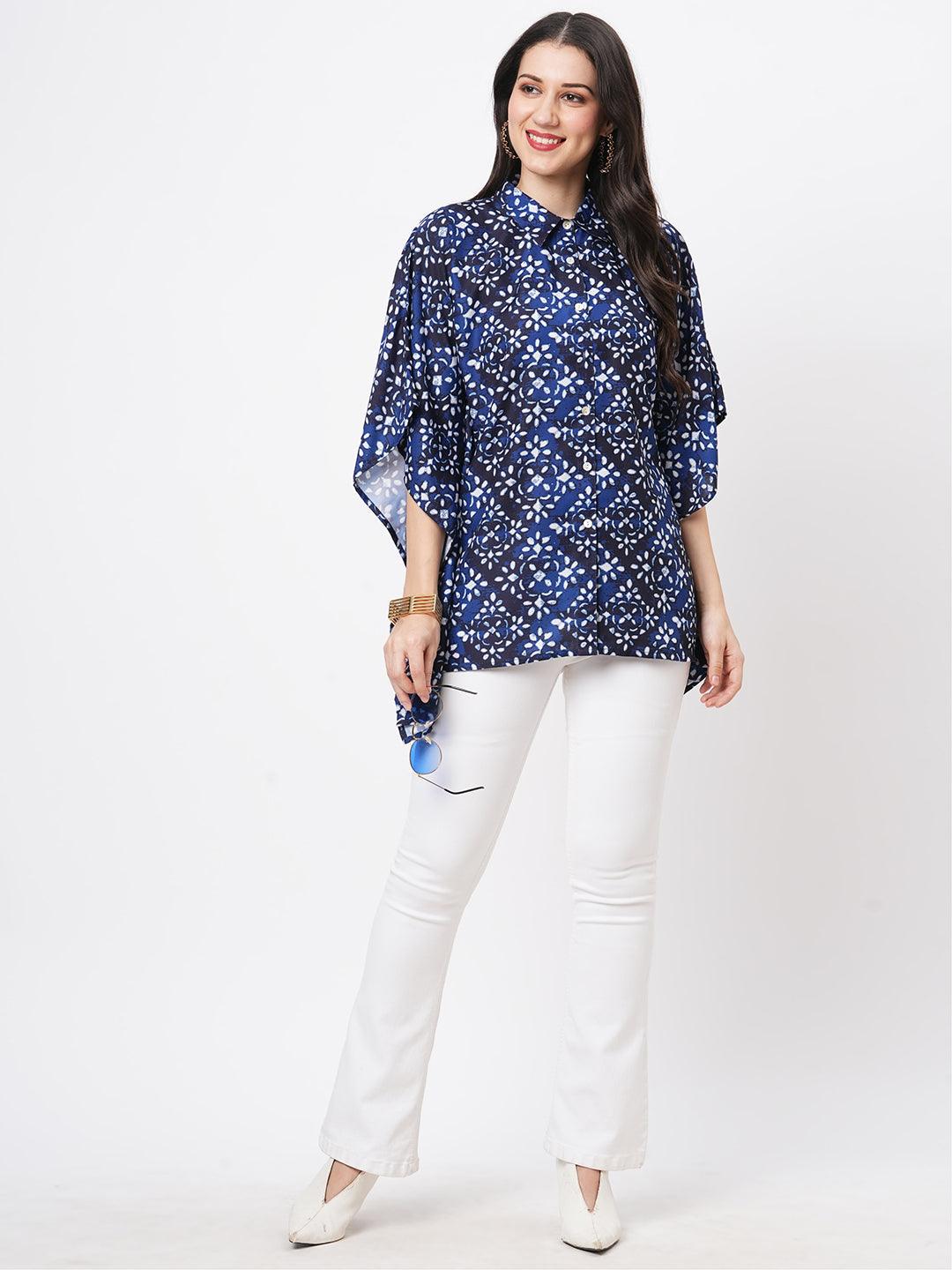 Kaftan Shirt With Front Button Placket In Blue Print