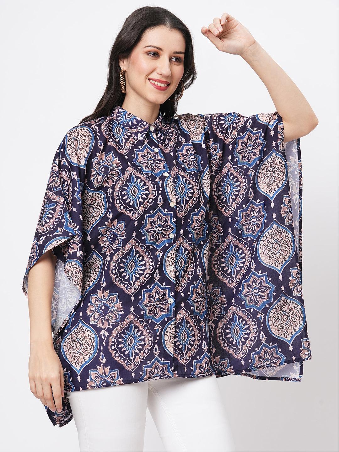 Kaftan Shirt With Front Button Placket In Indigo Print