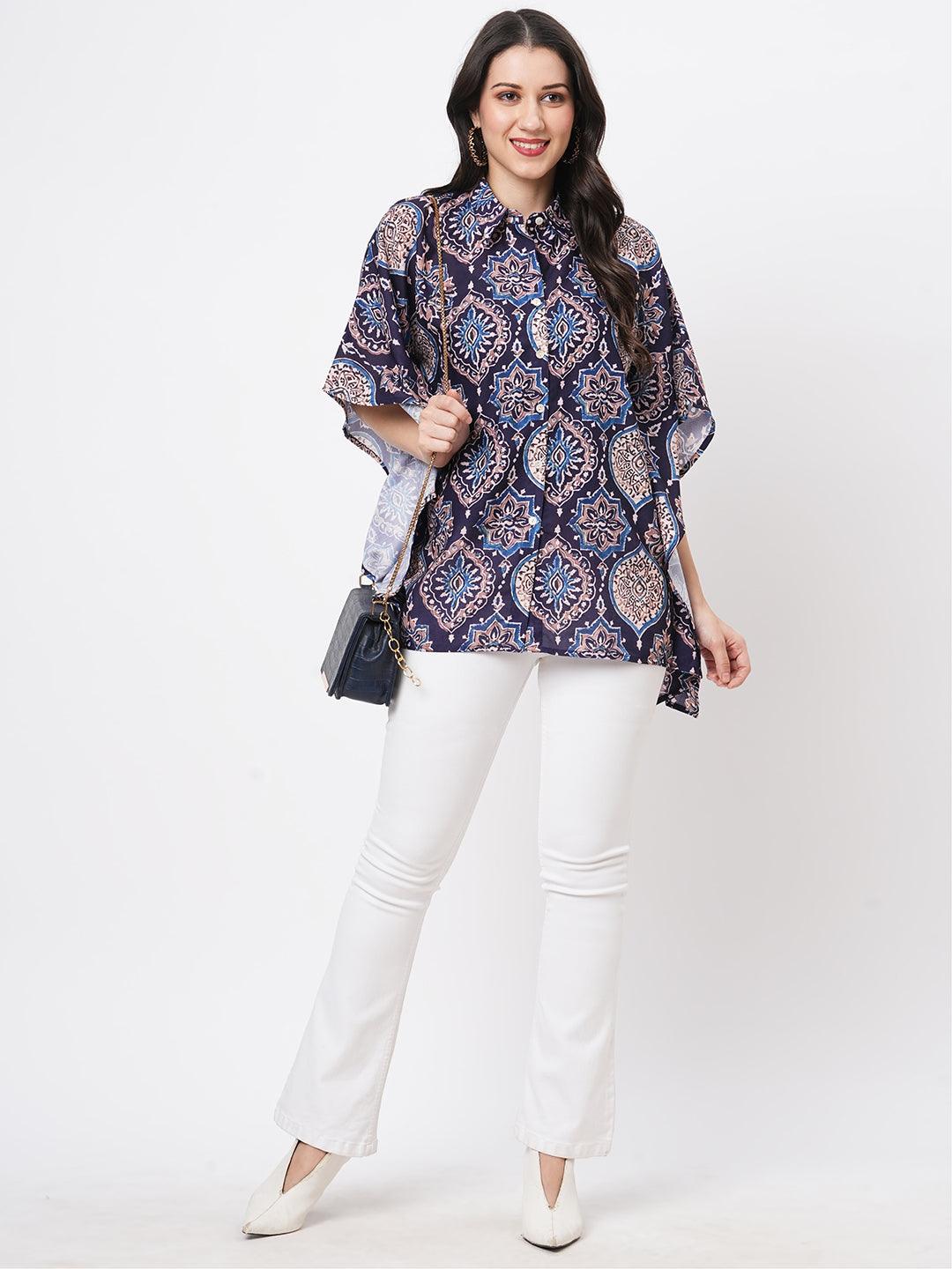 Kaftan Shirt With Front Button Placket In Indigo Print