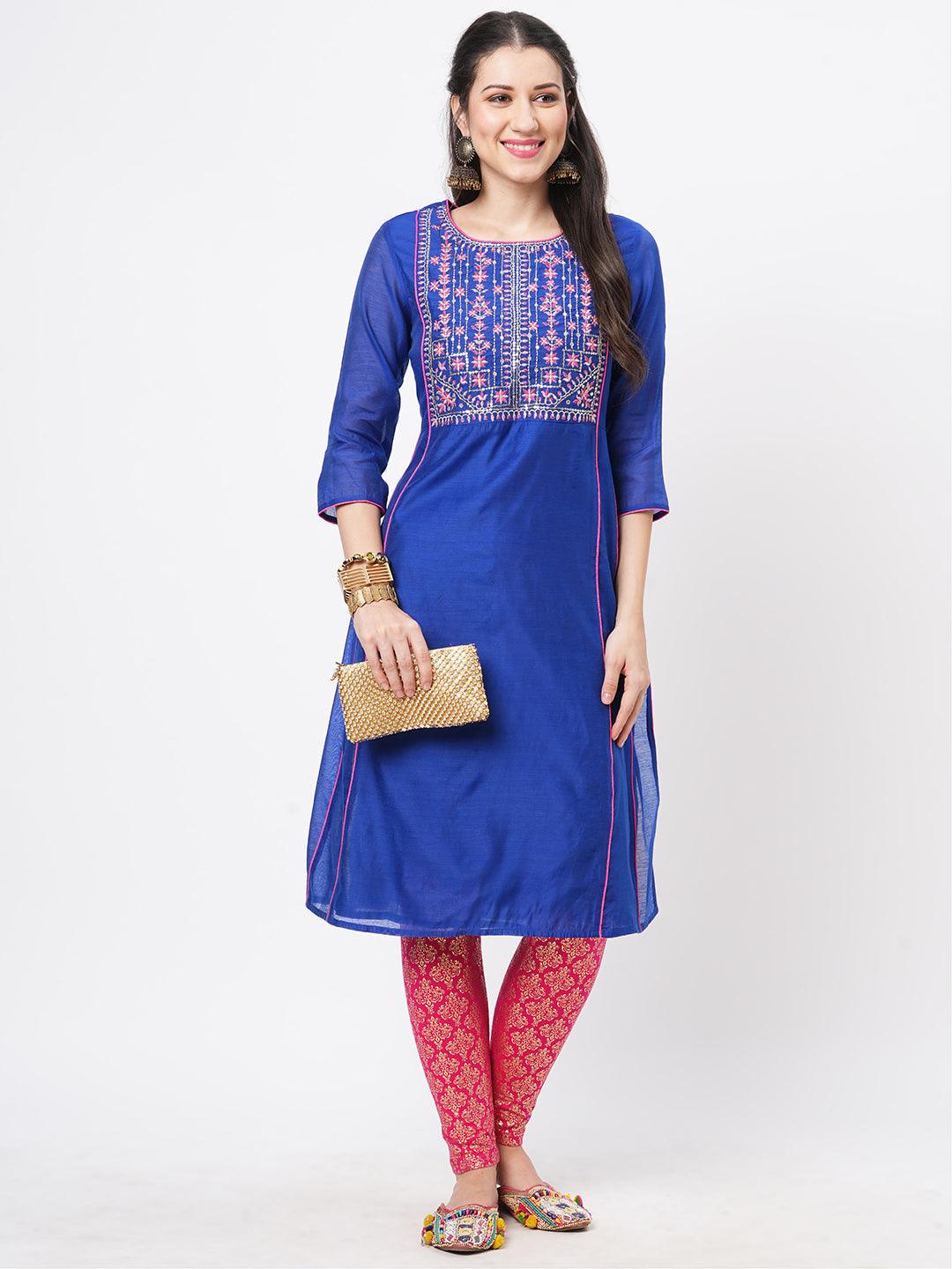 Royal Blue Silk Blend Ethnic Kurta With Contrast Pink Intricate Embroidery