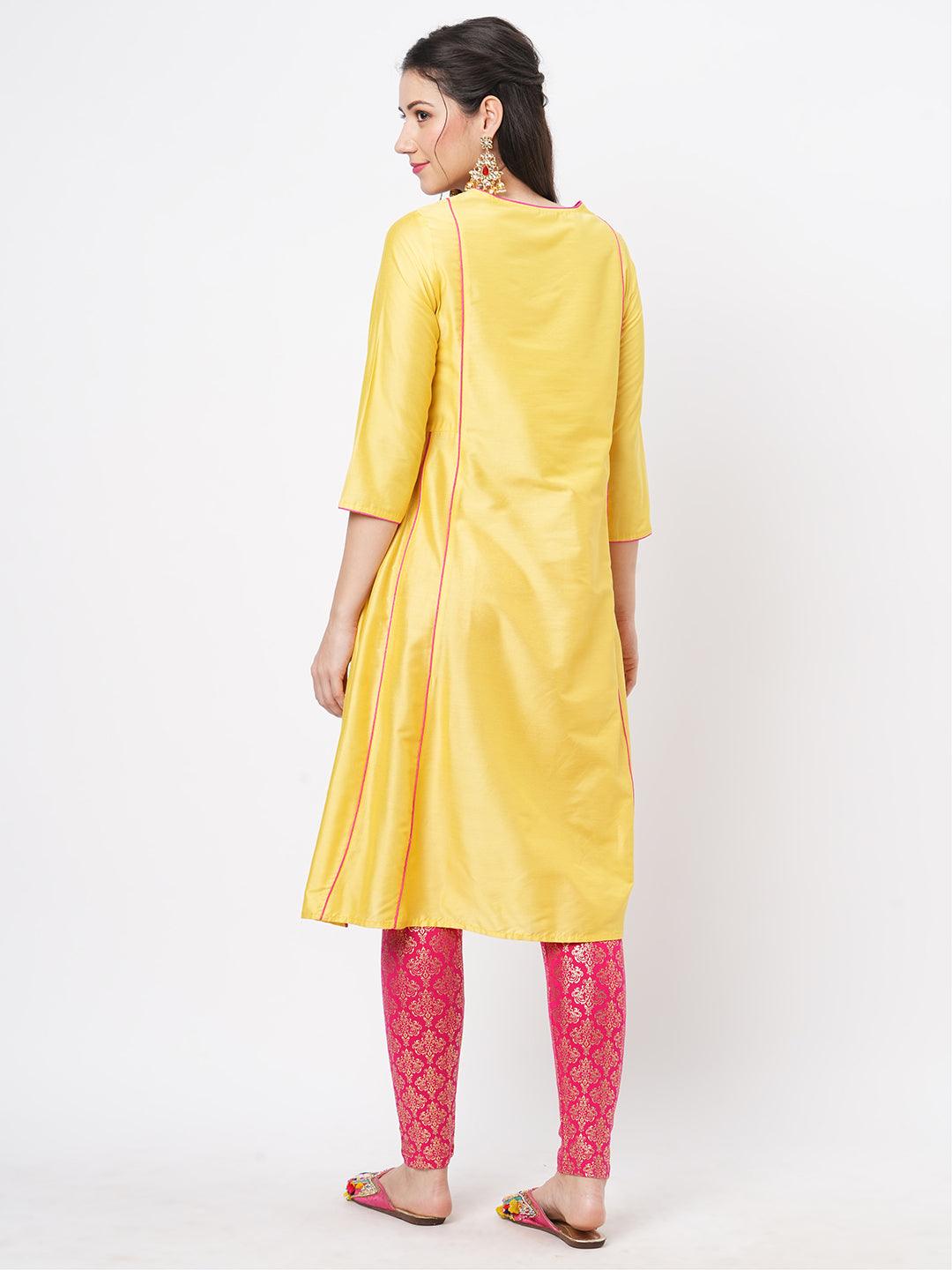 Yellow Silk Blend Ethnic Kurta With Contrast Pink Intricate Embroidery