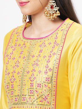 Yellow Silk Blend Ethnic Kurta With Contrast Pink Intricate Embroidery