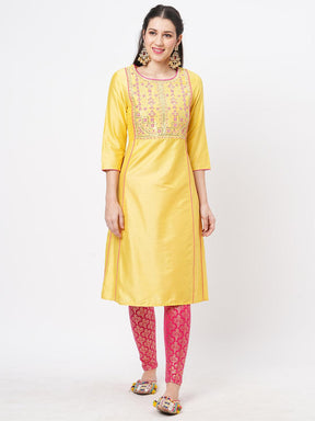 Yellow Silk Blend Ethnic Kurta With Contrast Pink Intricate Embroidery