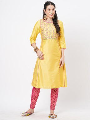 Yellow Silk Blend Ethnic Kurta With Contrast Pink Intricate Embroidery