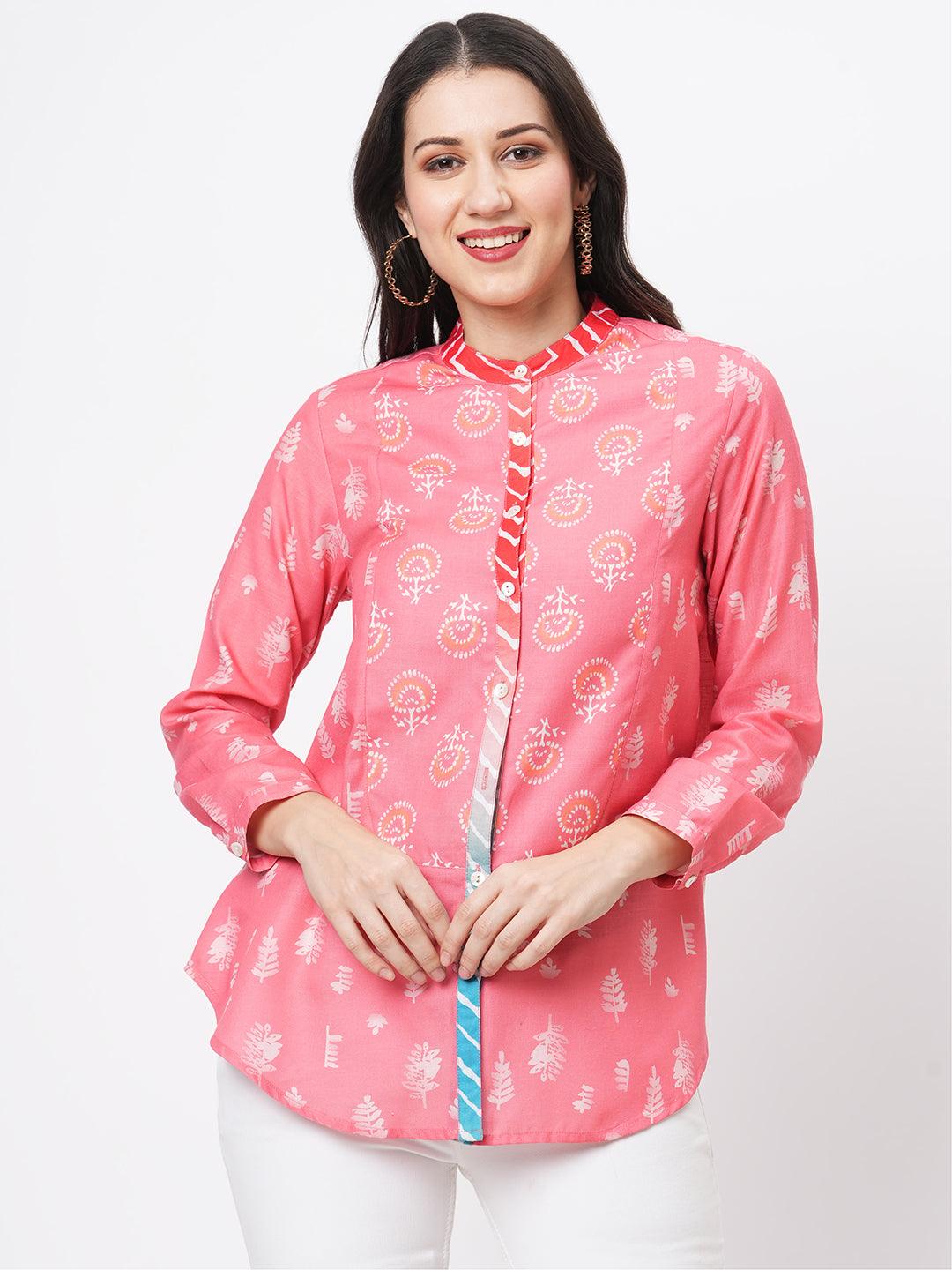 Featuring A Collared Multi Print Peach Shirt With A Long Yoke And Button Down Placket Front.