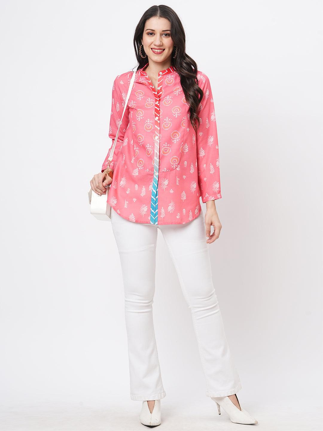 Featuring A Collared Multi Print Peach Shirt With A Long Yoke And Button Down Placket Front.