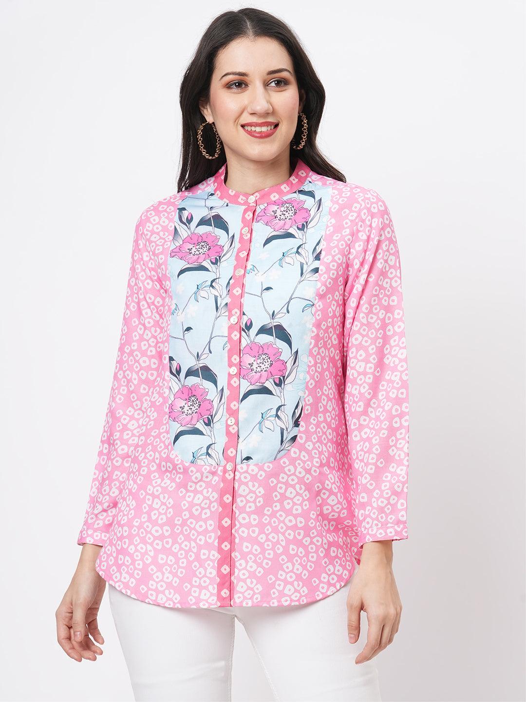 Featuring A Collared Multi Print Pink Shirt With A Long Yoke And Button Down Placket Front.