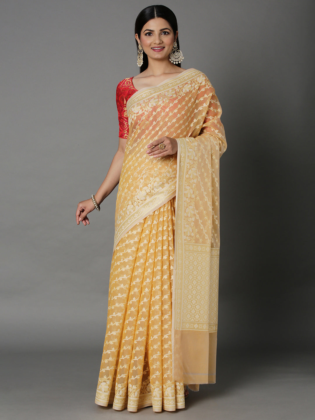 Beige Cotton Blend Jacquard Saree With Gold Border And Pallu