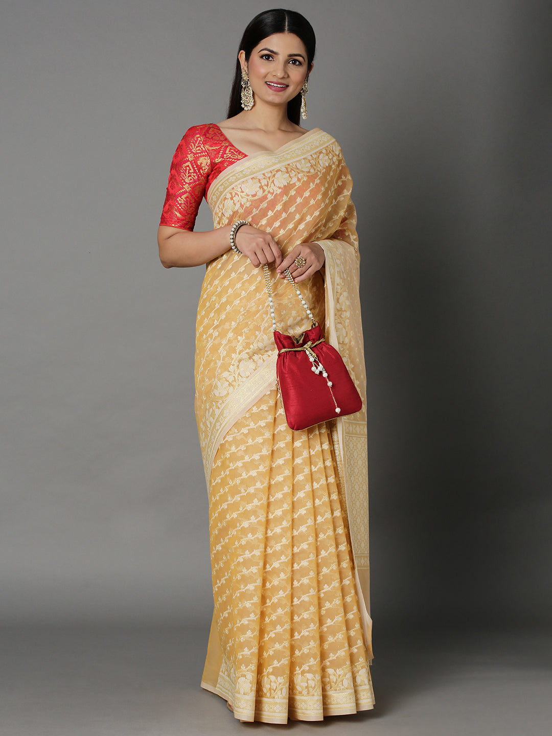 Beige Cotton Blend Jacquard Saree With Gold Border And Pallu