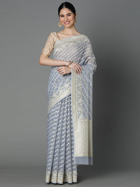 Grey Cotton Blend Jacquard Saree With Gold Border And Pallu