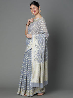 Grey Cotton Blend Jacquard Saree With Gold Border And Pallu