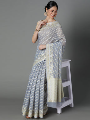 Grey Cotton Blend Jacquard Saree With Gold Border And Pallu