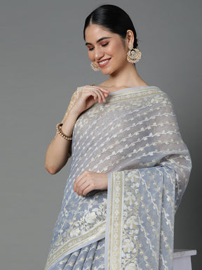 Grey Cotton Blend Jacquard Saree With Gold Border And Pallu