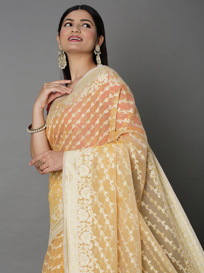 Mustard Cotton Blend Jacquard Saree With Gold Border And Pallu