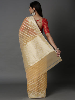 Mustard Cotton Blend Jacquard Saree With Gold Border And Pallu