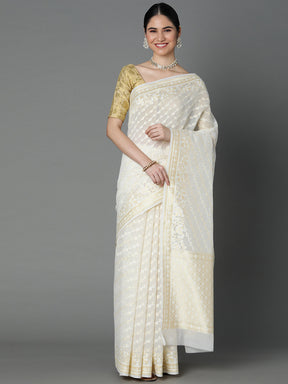 Offwhite Cotton Blend Jacquard Saree With Gold Border And Pallu