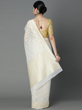 Offwhite Cotton Blend Jacquard Saree With Gold Border And Pallu