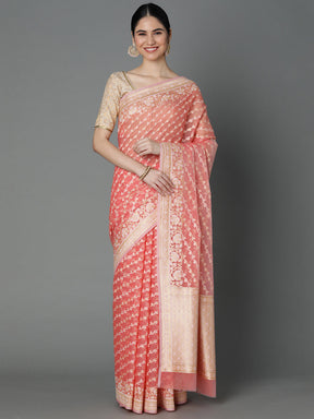 Peach Cotton Blend Jacquard Saree With Gold Border And Pallu